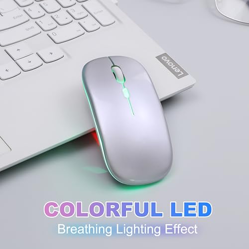 Wireless Bluetooth Mouse, Rechargeable Computer Mouse, Silver | Dual Mode - BT5.2 & 2.4G,Long Lasting,Silent RGB LED Mice,Slim Portable Mouse for Laptop,PC,Tablet,MacBook,iPad,Apple Devices - color: Silver