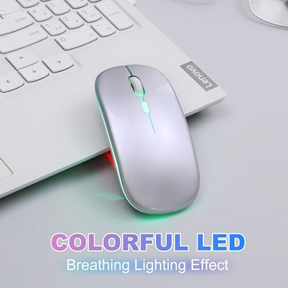Wireless Bluetooth Mouse, Rechargeable Computer Mouse, Silver | Dual Mode - BT5.2 & 2.4G,Long Lasting,Silent RGB LED Mice,Slim Portable Mouse for Laptop,PC,Tablet,MacBook,iPad,Apple Devices - color: Silver