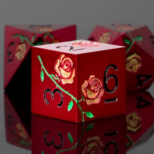 Rose Engraved Metal Dice Set 7PCS for DND RPG Tabletop Gaming | Solid zinc alloy build with 150g weight for balanced rolls(Red with Golden Rose) - color: Red With Golden Rose