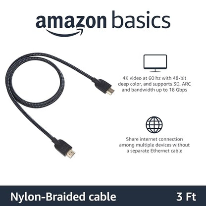 Amazon Basics Nylon-Braided HDMI 2.0 Cable, 3ft, 4K@60Hz, 18Gbps, 2160p, 48 bit, Compatible with TV/PS5/Xbox/Roku/Blu-ray, Black & Blue - color: Black, size: 3 Feet (Pack of 1)
