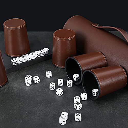 2-Pack Leather Dice Cup Set, 10 Brown Cups, 50 Dice with 2 Storage Cases | PU leather dice set with 5 felt-lined cups, 25 dice and storage case for Liar’s Dice, craps, backgammon and party games - color: Brown X2