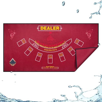 2-in-1 Casino Night Poker Mat, 36"x72" Double-Sided Texas Hold'em & Blackjack Felt Table Cover, Non-Slip Steel Clamps Included, Perfect for Game Night, Home & Casino Parties - color: Red