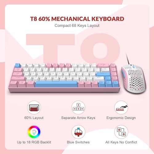 ZIYOU LANG T8PR0 Wired 65% Mechanical Gaming Keyboard and Mouse Combo-Pink | RGB Backlit,Anti-ghosting,TKL,Mini 68 Key,Coiled C to A Cable,Tactile Blue Switch,Ultralight Mice for PS4 Xbox PC Mac Gamer - color: Pink White Blue, size: 65% Keyboard + Mouse