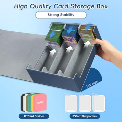 CLOKORIA Card Storage Box for Trading Cards,1800+ PU Leather Commander Card Deck Case with 12 Dividers and 3 Supporters,Magnetic Closure Card Holder Fits YuGiOh,MTG and Sport Cards(Blue, 3-Row)