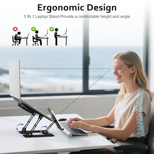 Laptop Cooling Stand with Detachable Fan,2-IN-1 Laptop Stand with Phone Holder and Silent Fans,Adjustable Height and Angle,Carbon Steel Framework,Laptop Cooling Pad for up to 16”Laptop (Black)