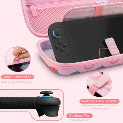 RHOTALL Pink Strawberry Carrying Case for Nintendo Switch 2 (2025) 7.9'', Cute Slim Hard Protective Travel Carry Case with 9 Game Cartridges Slots, Accessories Bundle Holder, Shoulder Strap - color: pink 12
