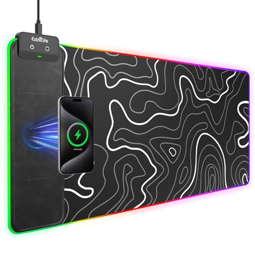 Wireless Charging RGB Gaming Mouse Pad, 31.5"x15.7" XXL Large Desk Mat | Desk Pad for Gamer, 9 Light Modes, Non-Slip Rubber Base, Waterproof Computer Keyboard Mat, Black and Topographic Line - color: Black-white Topographic Line