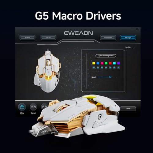 EWEADN G5 Wired Gaming Mouse with Adjustable Tail, 12800 DPI Programmable Computer Mouse with RGB Backlit, 9 Macro Buttons, Rapid Fire Key & Aluminum Base Ergonomic PC Mice for Laptop, PC-White - color: White