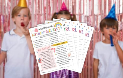 Birthday Party Card Games, Rainbow Pink Bow Themed Who Knows The Birthday Girl Best Game Cards, Wish For The Birthday Girl Games, Fun Sleepover Party Game For Kids Adults, 01 - color: Colorful Find The Guest Bingo