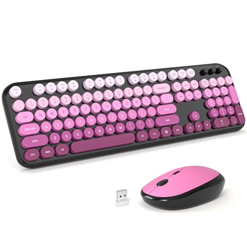 Wireless Keyboard Mouse Combo - Lovely Blackpink-Gradient Rainbow Full-Sized Typewriter Colorful Keyboards, Round Keycap Plug Play Retro Cute Keyboards for Windows, Laptop, PC, Desktop, Computer - color: Lovely Blackpink-Gradient