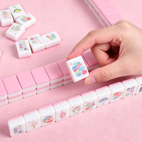 162 American Mahjong Tile Set with Storage Bag & Dice, 1.2" Mini Pink 3D Engraved Melamine Mahjong Tiles Travel Game for Adults, Friend & Family Game Night, Gifts for Mah-jongg Lovers - color: Pink