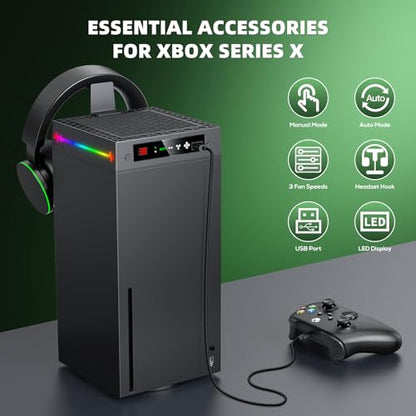 Auto Cooling Fan for Xbox Series X with LED Temperature Display&9 RGB Light | Smart Thermally-Adjustable Cooling System for Xbox Series X, 9 Lighting Modes, Cooler&Light Switch, Headset Hook, USB Port