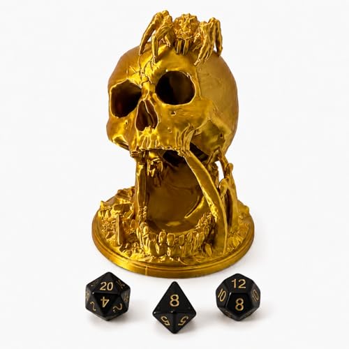 Skull Dice Tower Dungeons and Dragons RPG abletop Roleplaying Game Jail D&D (Random 7PCS D20 Dice Set Included) Gold - color: Glod