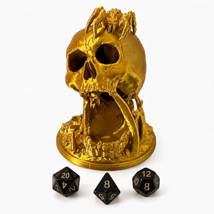 Skull Dice Tower Dungeons and Dragons RPG abletop Roleplaying Game Jail D&D (Random 7PCS D20 Dice Set Included) Gold - color: Glod