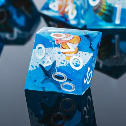 DND Dice Set 7-Pcs Sharp Edge Blue Marine Life Style Resin Dice Polyhedron Resin Sharp Edge dice Role-Playing Game RPG MTG Board Game (Marine Life - White) - color: Marine Life - White