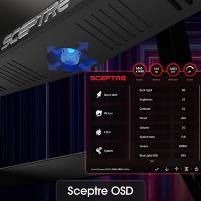 Sceptre 34-Inch Curved Ultrawide WQHD Monitor (3440 × 1440), R1500, up to 180Hz/165Hz, DisplayPort x2, 99% sRGB, 1ms, Built-in Speakers, Machine Black, 2025 (C345B-QUT168) | 34 Va 1500r Curved Wqhd, 1ms Mprt, 99% Srgb, Dp1.4×2, Hdmi2.0×2, Built-in 2×3w Sp