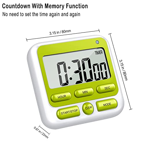 4-in-1 Digital Timer with Count Up/Down, Clock & Alarm, Ring & Silent Modes | Large 2.8-Inch easy-read LCD, On/Off switch, 24-Hour count up/down, Fast-forward function, Magnetic back, stand, hanging hole - color: Green