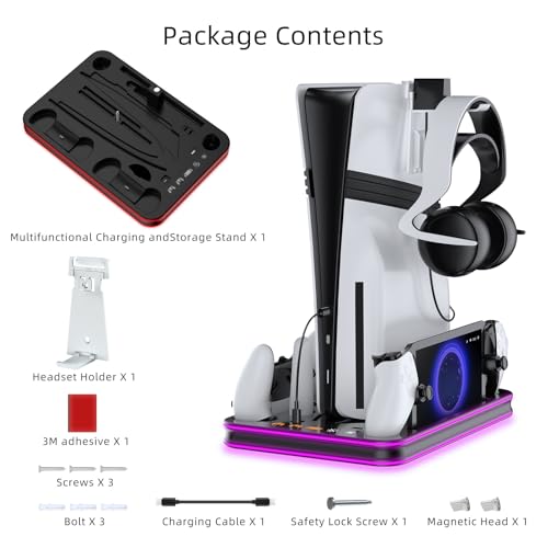PlayStation Portal Charger, PS5 Stand and Cooling Station with RGB LED Controller Charging Dock Accessories, PS5 Edge Controller and PS Portal Charger, Headset and Remote Holders - color: Black