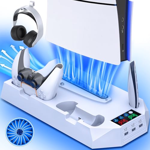 PS5/Slim/Pro Cooling Station with Controller Charging Station for PlayStation 5 Slim/Pro Console, PS5 Cooling Stand Cooler Accessories Incl Cooling Fan, 3 USB Hubs, Headset Holder, Screw - White - color: White