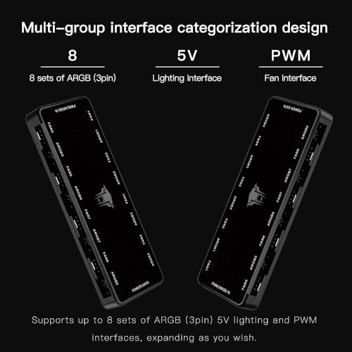 ARGB and PWM Fan HUB,8 Ports for Addressable RGB Lighting with PWM,1 to 8 Multi Way Magnetic backplane Splitter 5V/3PIN ARGB Case Fan Hub Adapter Black