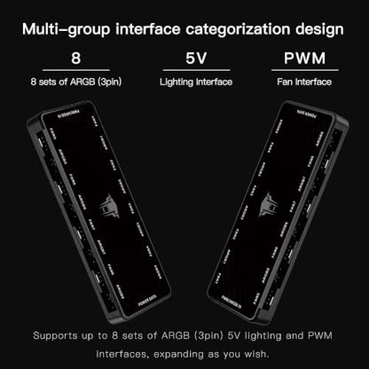 ARGB and PWM Fan HUB,8 Ports for Addressable RGB Lighting with PWM,1 to 8 Multi Way Magnetic backplane Splitter 5V/3PIN ARGB Case Fan Hub Adapter Black