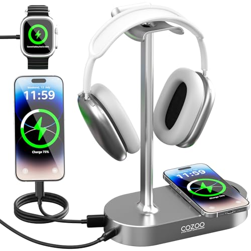 cozoo 15W Wireless Charging Headphone Stand with USB & Type-C Ports, Desktop Gaming Headset Holder, Cool Gaming Accessories & Tech Gifts for Men Teen Boys,Gamer Gifts, for Boyfriend and Teens - color: Grey