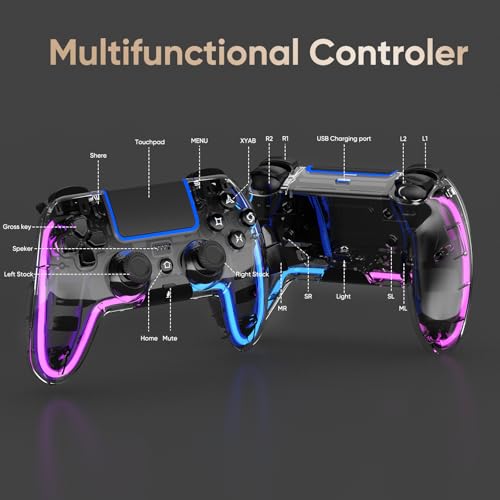 BETMI Wireless Controller for PS5, Pro/Slim/MAC/Steam Deck/PC, Hall Effect Joysticks,Dual Vibration, Marco/Turbo, 3.5mm Audio Jack, 6-Axis Gyro, Mute, Bluetooth LED Gamepad with Speaker(9 Colors Single & Dual-Color LED, L Pink R Cyan, Transparent)