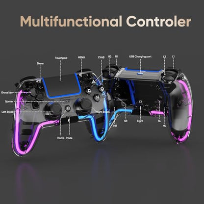 BETMI Wireless Controller for PS5, Pro/Slim/MAC/Steam Deck/PC, Hall Effect Joysticks,Dual Vibration, Marco/Turbo, 3.5mm Audio Jack, 6-Axis Gyro, Mute, Bluetooth LED Gamepad with Speaker(9 Colors Single & Dual-Color LED, L Pink R Cyan, Transparent)