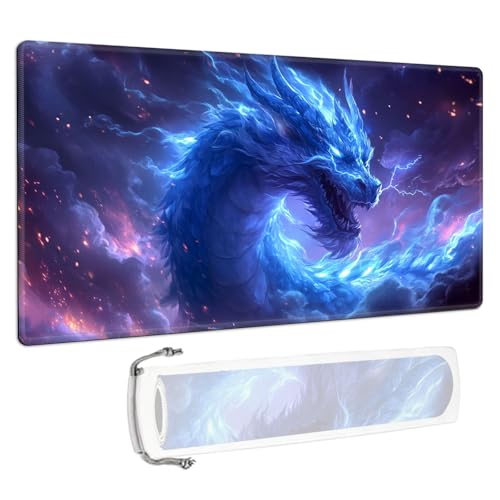 for MTG/TCG Playmat - 28x16 Inch Trading Card Game Mat with Reinforced Stitched Edges,Non-Slip Rubber Base and Free Storage Bag,Large Desk Mat,Blue Lightning Dragon - color: Blue Lightning Dragon, size: 28x16 Inch