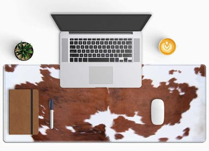 Brown Cowhide Print Gaming Mouse Pad, Extended Large Mouse Mat Desk Pad, Big Computer Keyboard Desk Pad, Stitched Edges Mousepad, 3mm Thick Long Non-Slip Rubber Base Mice Pad, 31.5 X 11.8 Inch - color: Brown Cowhide Print