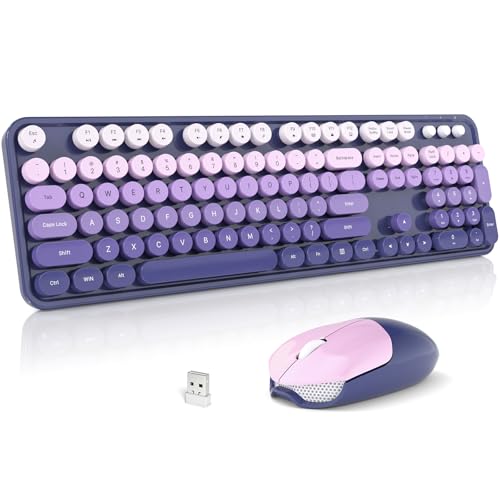 Wireless Keyboard and Mouse Combo, 2.4GHz Gradient Colorful Full-Size Retro Typewriter Keyboard with Wireless Mouse for PC/Desktop/Laptop/Windows (Purple Gradient) - color: Purple Gradient
