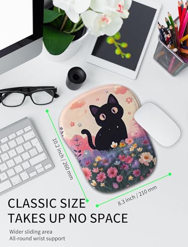 Hokafenle Ergonomic Wrist-Hugging Mouse Pad Wrist Support, U-Shaped Holding Wrist Rest Mousepad for Carpal Tunnel Pain Relief with Cushioned Memory Foam Slope Massage Bulge (10.2x8.3 in,Flower Cat) - color: Flower Cat