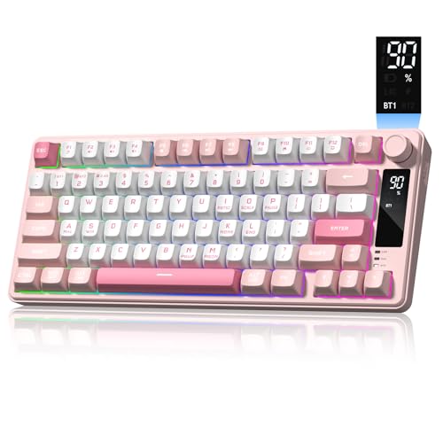 Womier DK75 75% Wireless Gaming Keyboard, RGB Backlit Creamy Keyboard with Media Knob, OLED Screen, Tri-Mode 2.4GHz/USB-C/BT5.0, Anti-Ghosting No-Conflict Silent Membrane Keyboard for MAC Windows - color: Pink