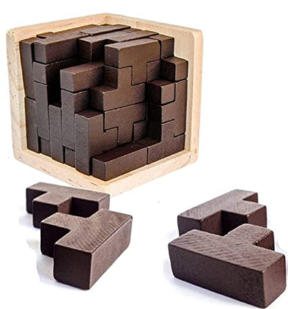 Wooden Brain Teaser Puzzles Box Brain Teasers Wooden Puzzle T-Shaped Geometric Intellectual Jigsaw Logic Cube Puzzles Mind Games for Kids and Adults - color: Coffee