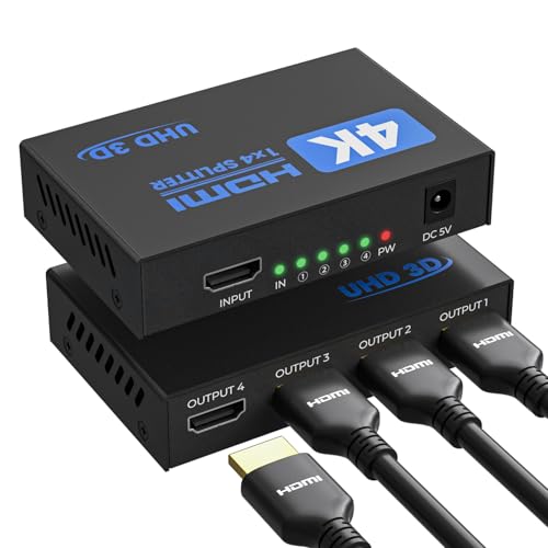 HDMI Splitter 1 in 4 Out 4K 30Hz HDMI-Splitter for 4 Monitors | with USB to DC Power Cable, 4 Way HDMI Distribution, Multi HDMI Adapter for PC/Laptop/HDTV/Projector, Mirror Only, Not Extend - size: 1x4 30Hz