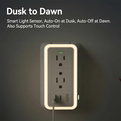 Power Strip Surge Protector, 6 AC Outlet with 3 Port USB Power Strip Charger and Night Light, 1500J Multi Plug Wall Outlet for Home, Office, Dorm Essential
