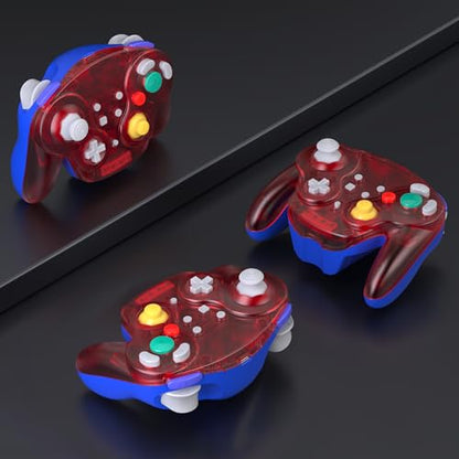 2 Pack Wireless GameCube Controller for Switch 1/2, NGC Console, 2.4 GHz | (Built-in Vibration) (Rechargeable) (Analog Triggers / Stick), Compatible with Switch Online, Windows PC, macOS (Clear Red) - color: Two Pack Clear Red