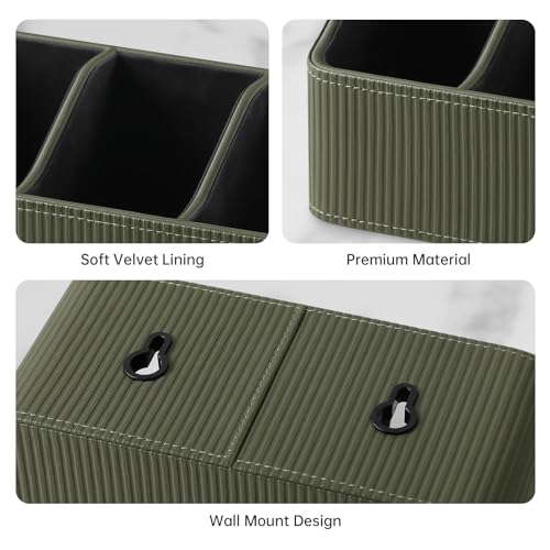 No Drill PU Leather Wall Remote Holder, 3 Compartments Storage Caddy for TV AC Remotes, Pens, Eyeglasses, Home Bedroom Bathroom Office (Stylish Green Fine Ribbed) - color: Stylish Green Fine Ribbed