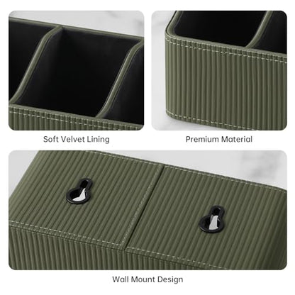 No Drill PU Leather Wall Remote Holder, 3 Compartments Storage Caddy for TV AC Remotes, Pens, Eyeglasses, Home Bedroom Bathroom Office (Stylish Green Fine Ribbed) - color: Stylish Green Fine Ribbed