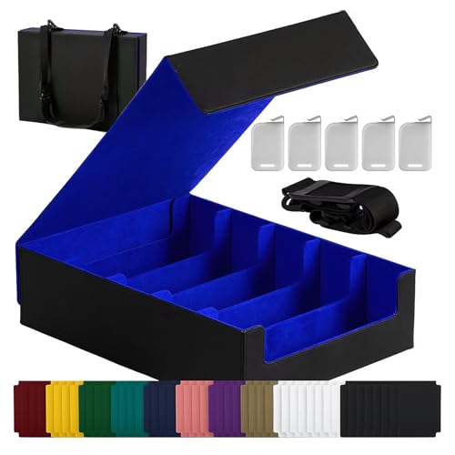 Magnetic Leather Trading Card Storage Box - 5-Row Deck Case Design, 3900+ Capacity for YuGiOh, MTG, TCG and Sports Cards, Includes 24 Colorful Dividers & 5 Card Supports（ Black/Blue） - color: A-Black/Blue