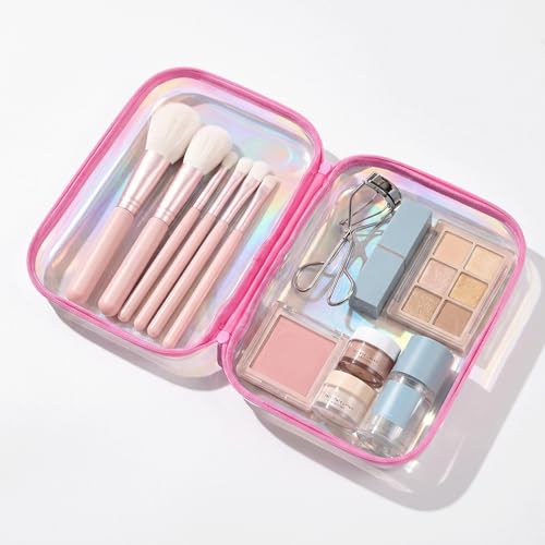 Clear Hard Shell Organizer Cases, 2 Pack | Iridescent PET shell with water-resistant, scratch-resistant surface for travel, toiletries, electronics and daily essentials - color: Pink Iridescent