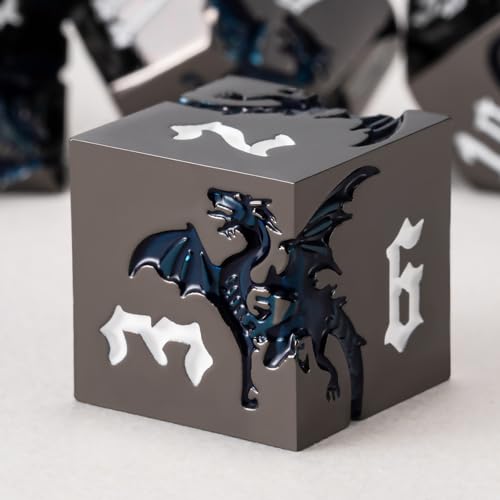 Dungeons and Dragons Dice D&D Metallic Dragon Sharp Edged Dice Set with Box, Polyhedral DND Role Playing Game D and D Dice Set D20 D12 D10 D8 D6 D4 - color: Dragon-black Nickel Sparkle Blue