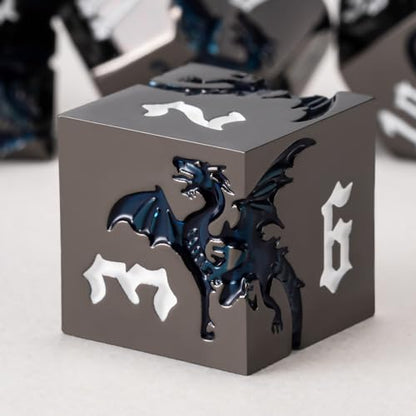 Dungeons and Dragons Dice D&D Metallic Dragon Sharp Edged Dice Set with Box, Polyhedral DND Role Playing Game D and D Dice Set D20 D12 D10 D8 D6 D4 - color: Dragon-black Nickel Sparkle Blue