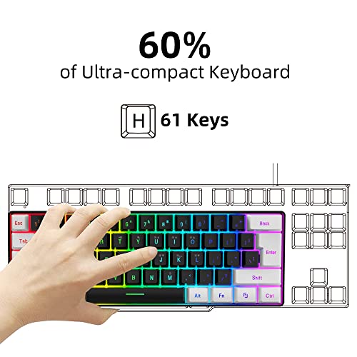 Snpurdiri 60% Wired Gaming Keyboard, Small RGB Backlit Membrane Gaming Keyboard, Ultra-Compact Mini Waterproof Keyboard for PC Computer Gamer White and Black - color: White and Black