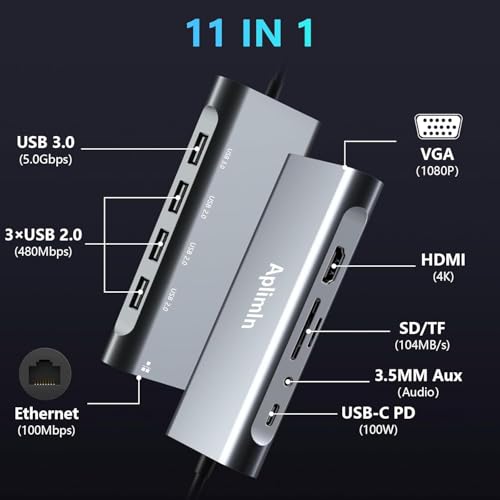 USB C HUB, USB C Adapter 11 in 1 Dongle with 4K HDMI, VGA, PD 100W, 1 X USB 3.0, 3 X USB 2.0 Ethernet, SD/TF Card Reader, 3.5mm Headphone Jack for iPhone 16/15 MacBook Pro/Air, Other Type C Laptops - style: 11 in 1