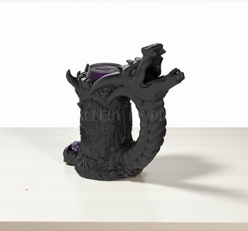 Dragon Slayer Dice Tower & Drink Holder – DND Accessory, Dice Roller Mug, Fantasy Decor for Dungeons and Dragons, Pathfinder, Warhammer, TTRPG Gift for RPG Gamers (Obsidian Black, Standard 12oz Cans)