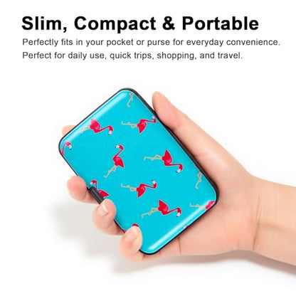 Credit Card Holder Small RFID Blocking Wallet Business Metal Slim Mini Aluminum Hard Case for Women Men - color: Flamingo Blue Background