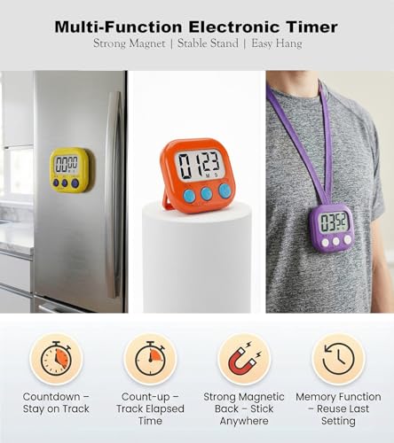 Digital Timer for Classroom Teachers Students, Magnetic Countdown Timer | Easy Timers for Kids Homework Study Kitchen Cooking Gym Game, 6 Pcs