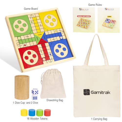 12 Inch Wooden Ludo Board Game & Snakes and Ladders 2-in-1 Reversible Classic Board Game for Kids and Adults, Includes 1 Parcheesi Board, 2 Dice, 1 Cup, 16 Tokens, Rules, Pouch & Carrying Bag
