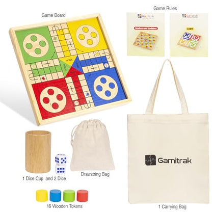 12 Inch Wooden Ludo Board Game & Snakes and Ladders 2-in-1 Reversible Classic Board Game for Kids and Adults, Includes 1 Parcheesi Board, 2 Dice, 1 Cup, 16 Tokens, Rules, Pouch & Carrying Bag